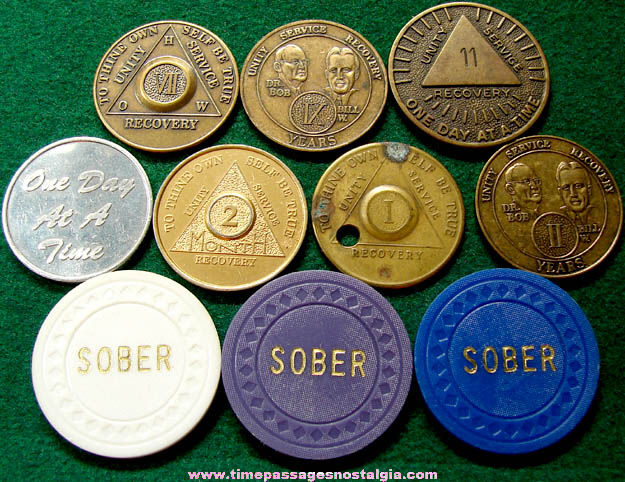 (10) Different Alcoholics Anonymous AA Sobriety Anniversary Token Coins