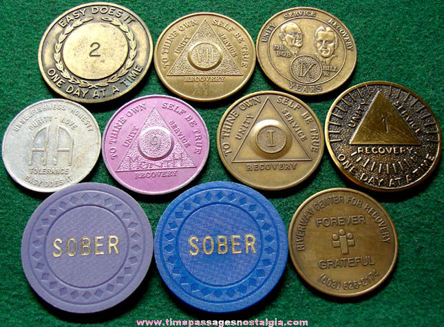 (10) Different Alcoholics Anonymous AA Sobriety Anniversary Token Coins