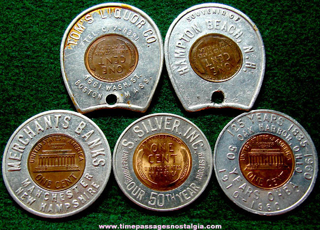 (5) Different Old Advertising Premium Encased Cent Good Luck Token Coins