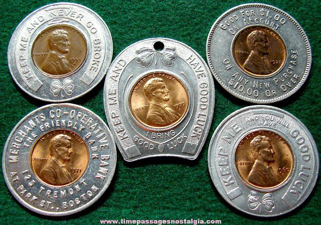 (5) Different Old Advertising Premium Encased Cent Good Luck Token Coins