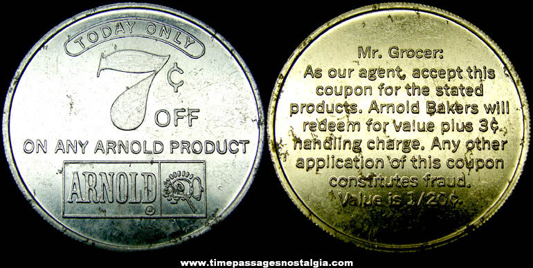 Old Arnold Bakery Advertising Premium Coupon Token Coin