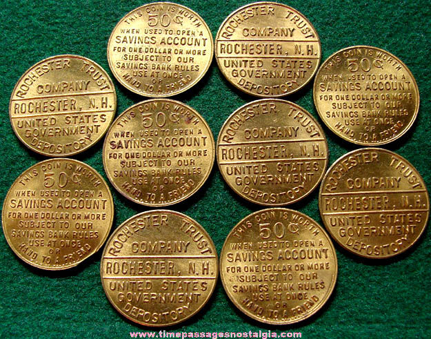 (10) Old Unused Rochester Trust Company Advertising Premium New Hampshire Bank Token Coins