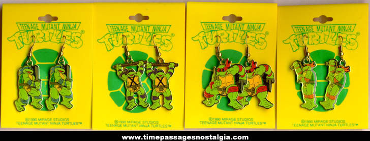 Complete Set Of (4) Unused 1990 Pairs Of Carded Teenage Mutant Ninja Turtles Figure Earrings