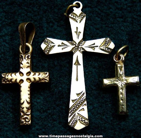 (3) Different Old Christian Gold Religious Cross Pendant Charms