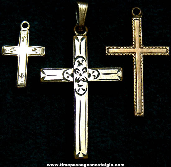 (3) Different Old Christian Gold Religious Cross Pendant Charms