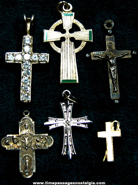 (6) Different Old Christian Silver Religious Cross Pendant Charms
