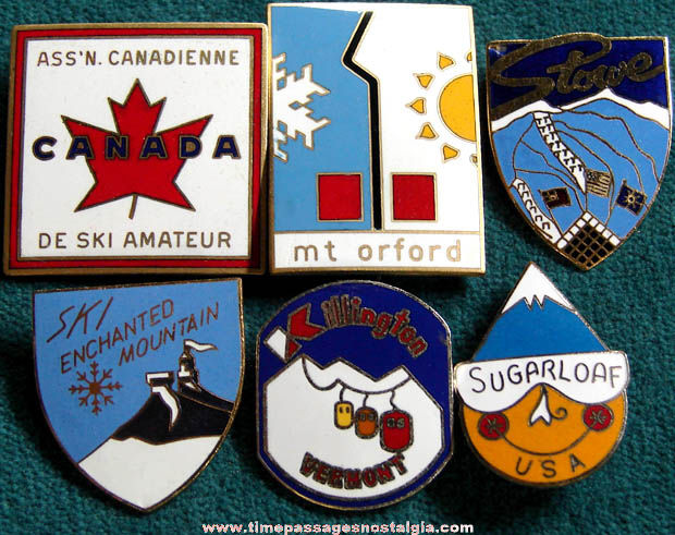 (6) Colorful Old Enameled Ski Advertising Pins