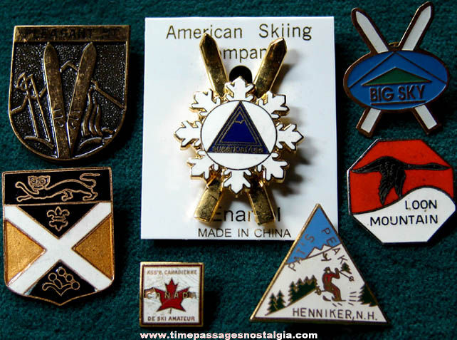 (7) Colorful Old Enameled Ski Advertising Pins