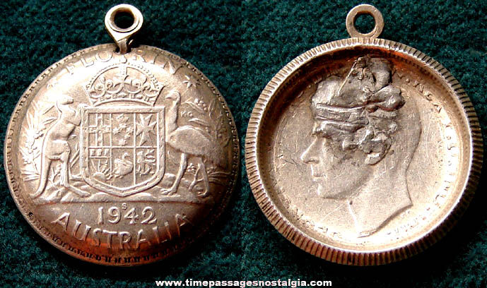 1942 S Australia Florin Silver Coin Charm Pendant