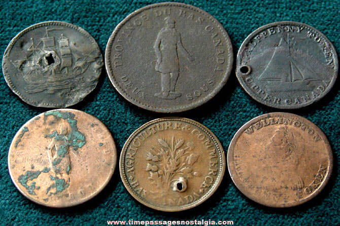 (6) Different 19th Century Canadian Large Penny & Half Penny Token Coins