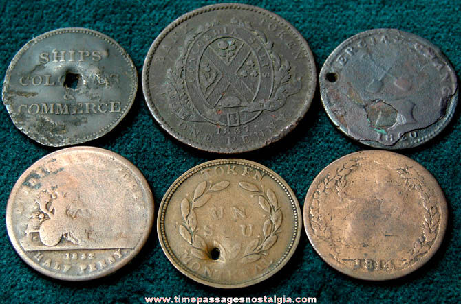 (6) Different 19th Century Canadian Large Penny & Half Penny Token Coins