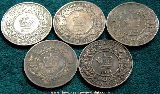 (5) 1860s Nova Scotia & New Brunswick Canada Large One Cent Coins