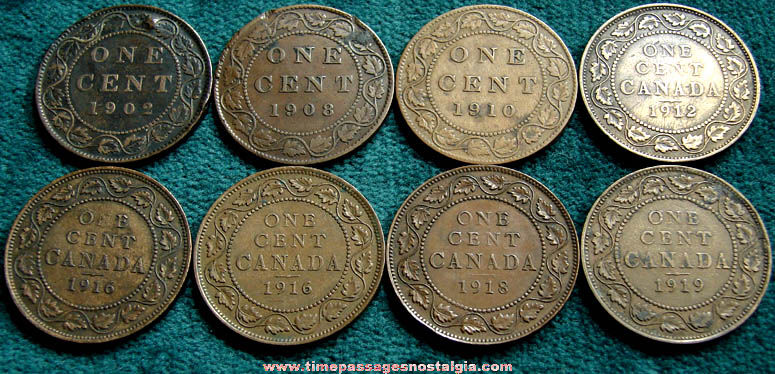 (8) Old Canadian Large One Cent Coins