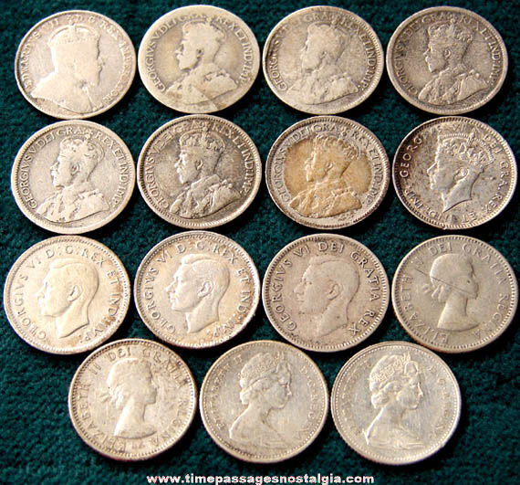(15) Old Canadian Silver Dime Coins