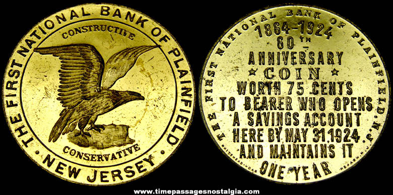 1864 - 1924 Plainfield New Jersey Bank Anniversary Advertising Token Coin
