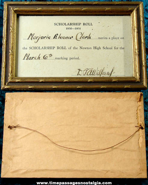Framed 1930 - 1931 Newtonville Massachusetts High School Award Card