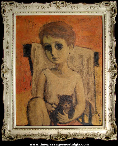 Old Framed Girl with Big Eyes & Cat Print