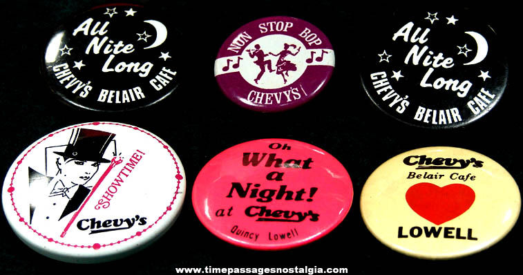 (6) Old Chevy’s Belair Cafe Advertising Pin Back Buttons