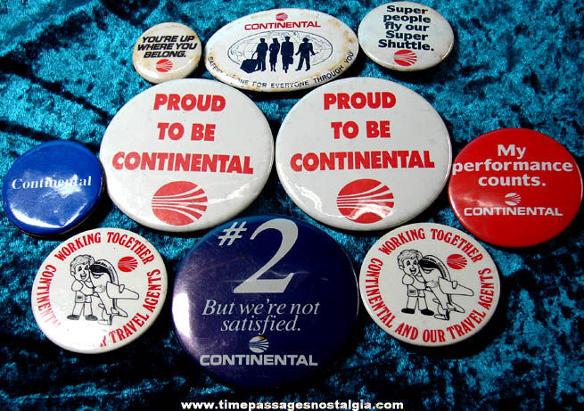 (10) Old Continental Airlines Advertising Employee Pin Back Buttons