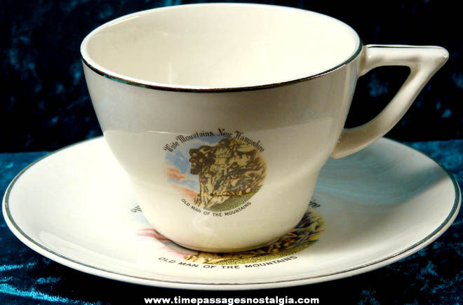 Old Ceramic Old Man Of The Mountains White Mountains New Hampshire Souvenir Coffee Cup & Saucer