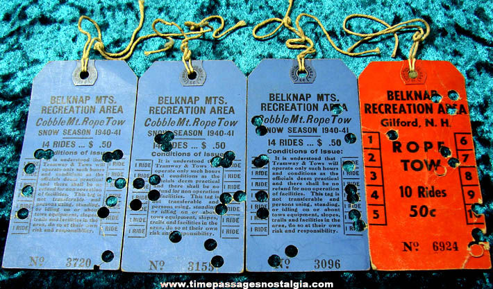 (4) 1940 - 1941 Belnap Mountains New Hampshire Ski Rope Tow Advertising Tags