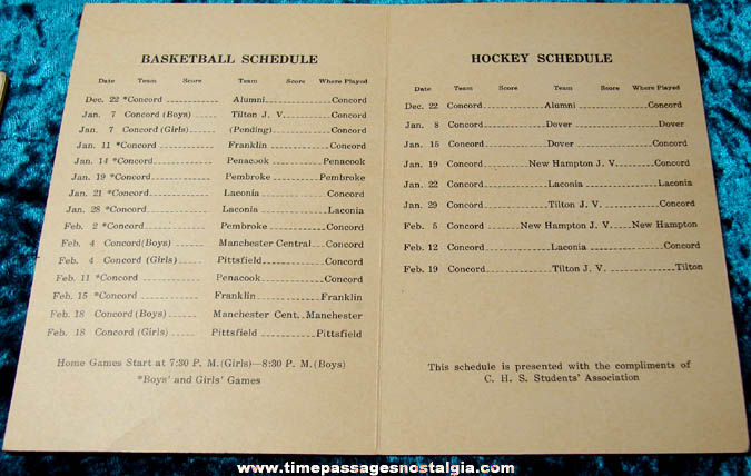 1937 - 1938 Concord New Hampshire High School Basketball and Hockey Schedule