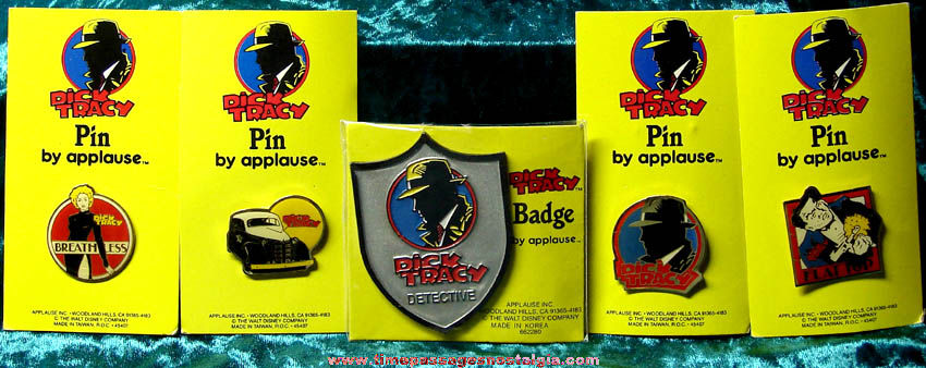 (5) Old Unused & Carded Dick Tracy Badge and Movie Character Pins