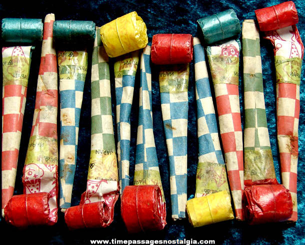 (11) Colorful Old Paper Party Favor Blow Horns With Clowns