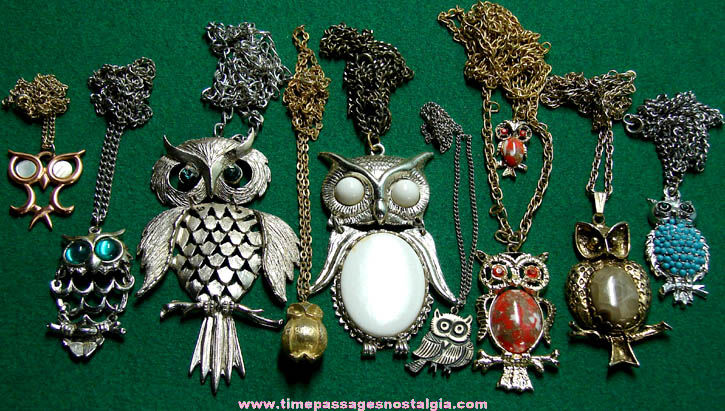 (9) Different Old Owl Bird Jewelry Necklaces