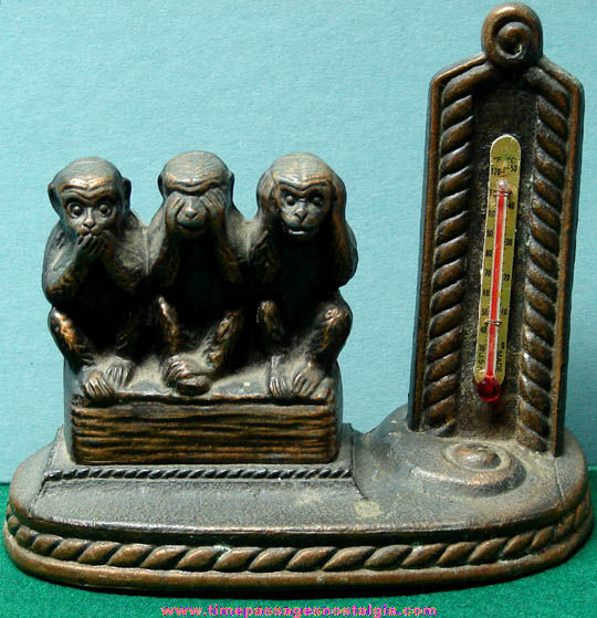Old Metal Speak - See - Hear No Evil Monkey Thermometer