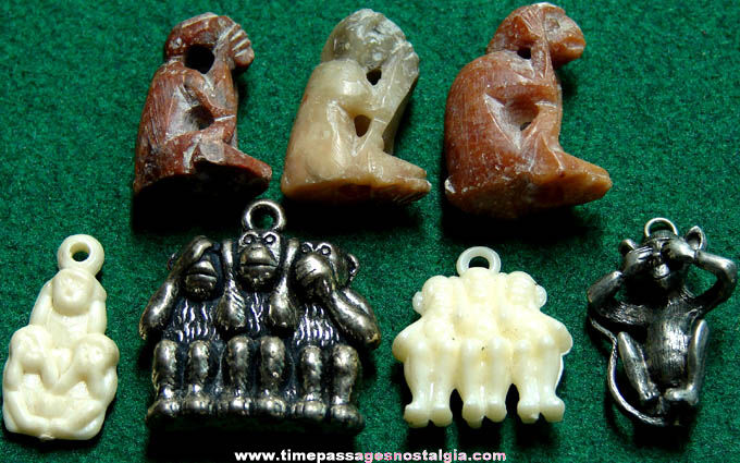 (7) Old Miniature Speak - See - Hear No Evil Monkey Figures & Charms