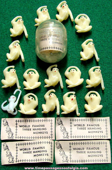 (19) Old Miniature Hanging Monkeys With (5) Old Paper Labels