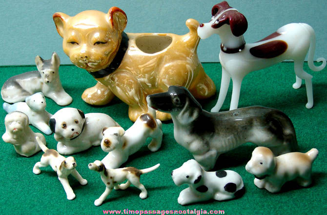 (12) Small Old Glass, Ceramic, & Porcelain Dog Figurines