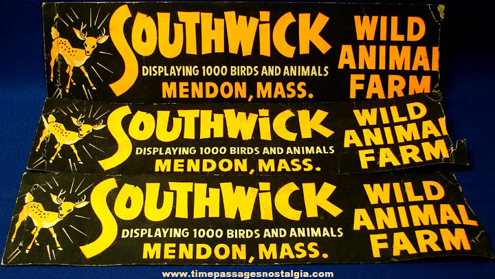 (3) Colorful Old Southwick Wild Animal Farm Souvenir Bumper Signs
