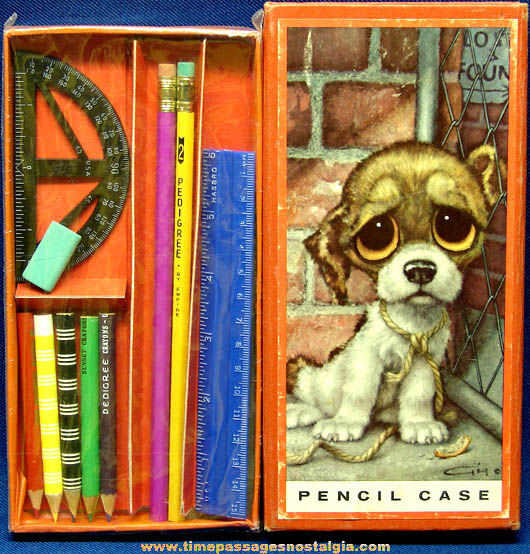 1960s Big Eyed Pity Puppy Gig Art Print Pencil Case With Contents