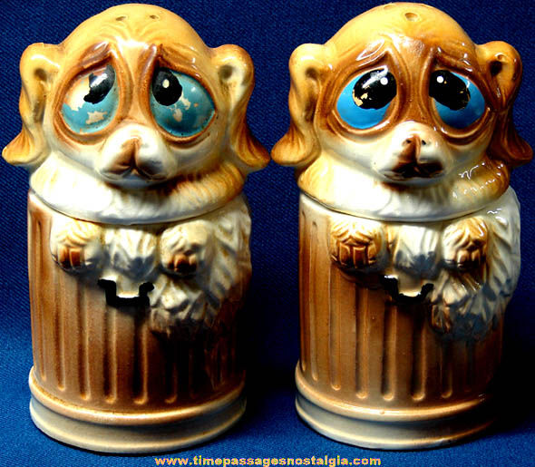 1960s Big Eyed Pity Puppy Gig Art Salt & Pepper Shaker & Condiment Set