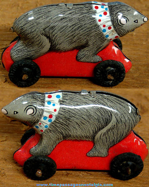 Old Miniature Lithographed Tin Circus Bear Toy on Wheels