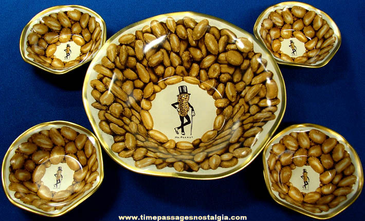 Old Unused Planter’s Peanuts Mr. Peanut Advertising Premium Lithographed Tin Serving Bowl Set