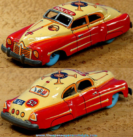 Colorful Old Lithographed Tin Friction Toy Police Car