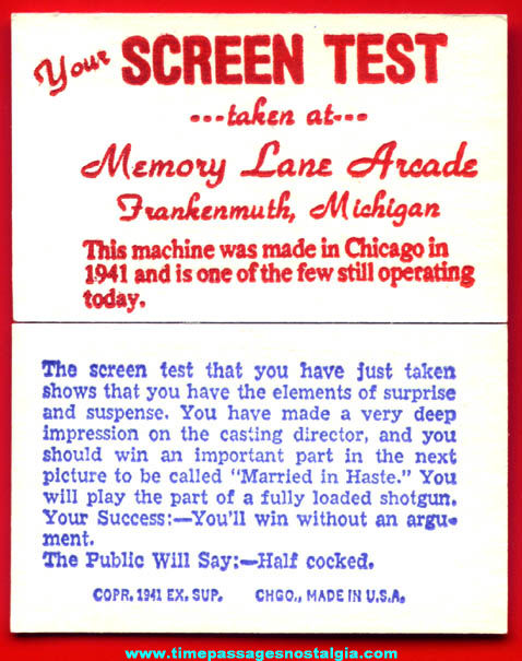 (50) 1941 Screen Test Exhibit Supply Arcade Fortune Cards