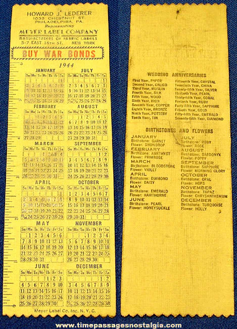 1944 Advertising Premium Calendar & Ruler Cloth Book Mark