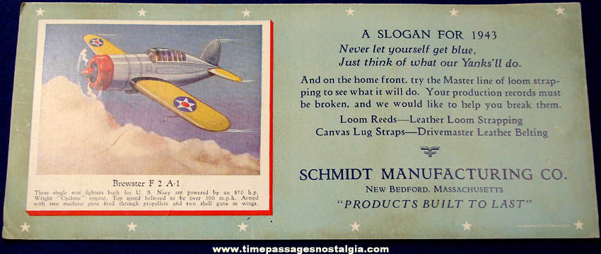 1943 World War II Airplane Advertising Premium Ink Pen Blotter