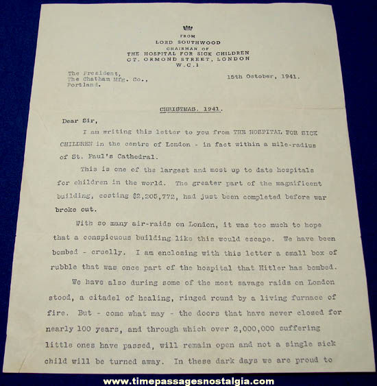 1941 World War II Childrens Hospital War Relief Letter, Photographs & More
