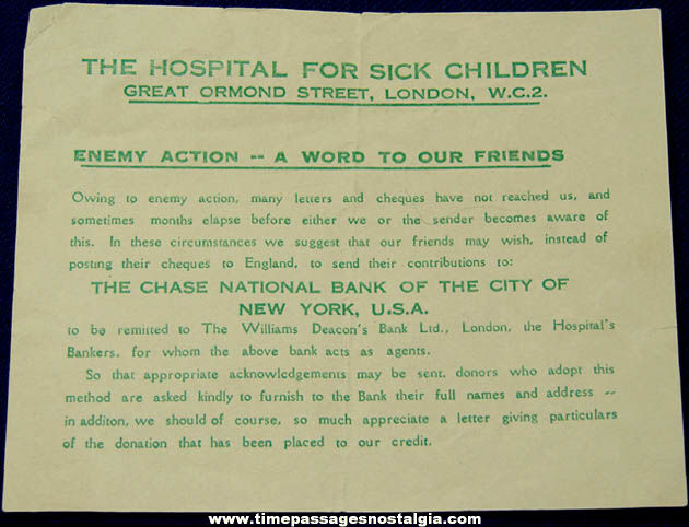 1941 World War II Childrens Hospital War Relief Letter, Photographs & More