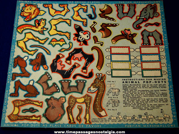 Unused ©1933 Shotwell Puritan Marshmallows Animal Pop Out Advertising Premium Card