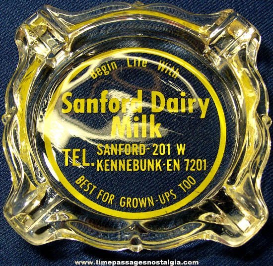 Old Sanford Maine Dairy Advertising Glass Cigarette Ash Tray