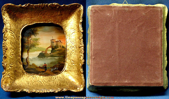 Old Framed Miniature Scenic Oil Painting On Copper