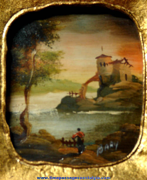 Old Framed Miniature Scenic Oil Painting On Copper