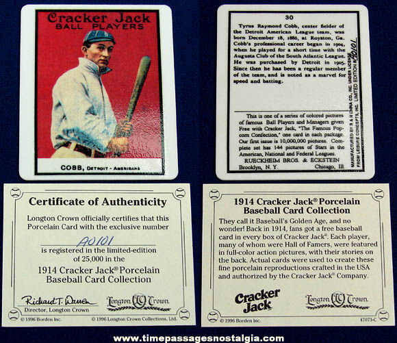 1996 Numbered Limited Edition Ty Cobb Porcelain Cracker Jack Baseball Card