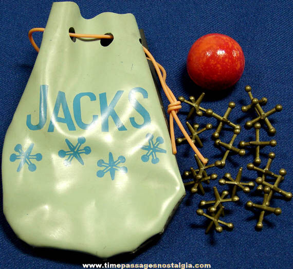 Old Ball & Jacks Game Set With Vinyl Drawstring Bag